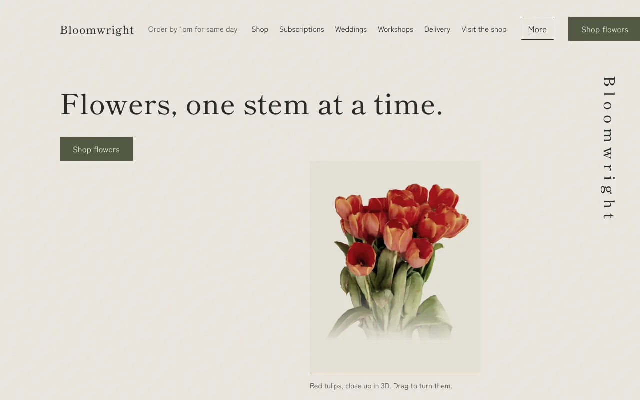Bloomwright, an invented florist: minimal desktop home page with a 3D bunch of red tulips you can turn.