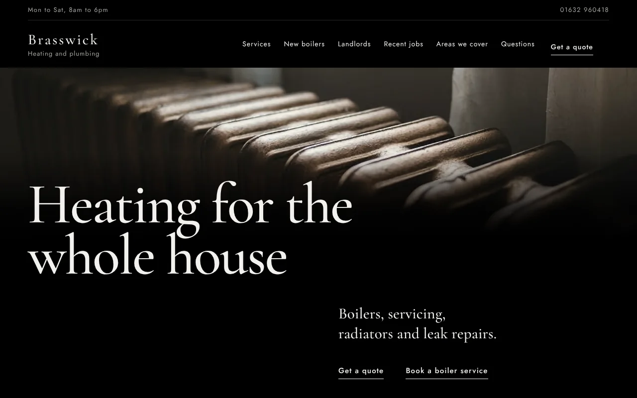 Brasswick, an invented heating and plumbing company: desktop home page in our Luxury style, with a wide photo of an old radiator between black bars and a large thin serif headline.