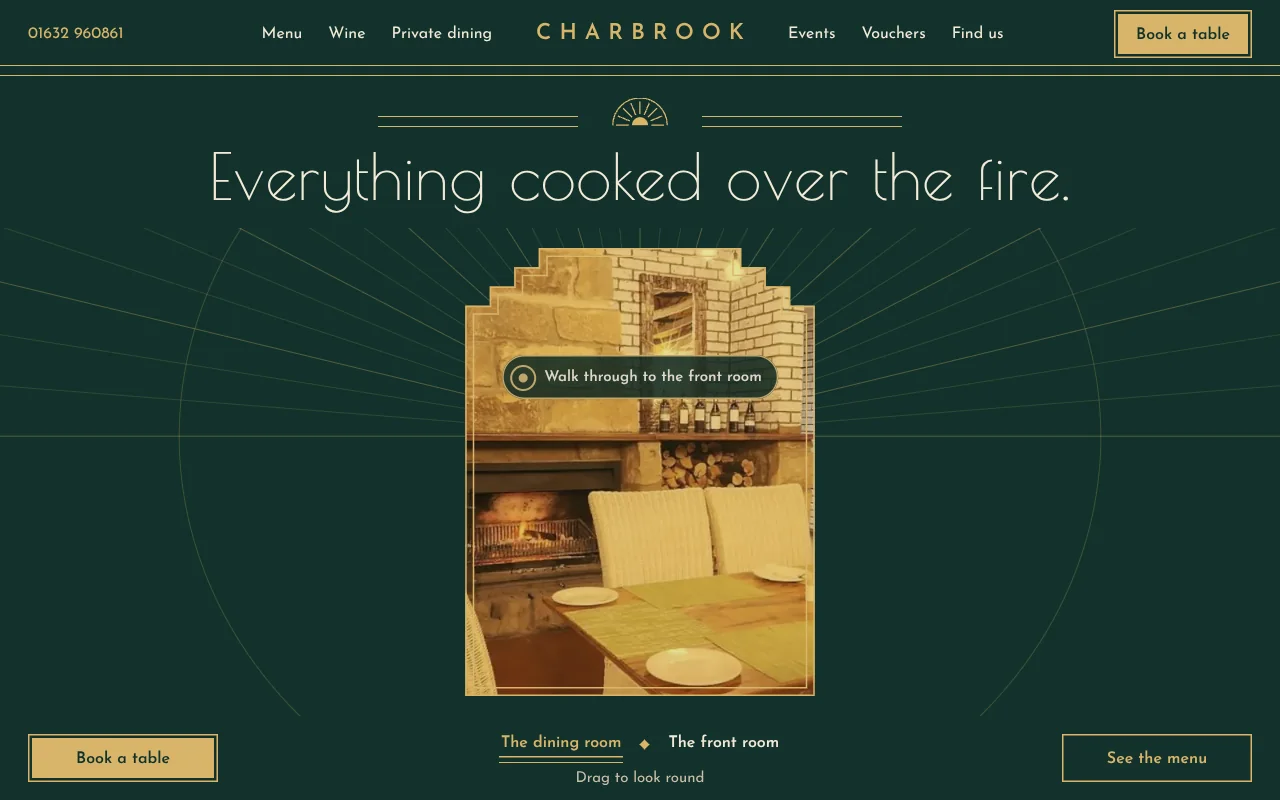 Charbrook, an invented wood-fire restaurant: Art Deco desktop home page with a 360° walk-through of the dining room.