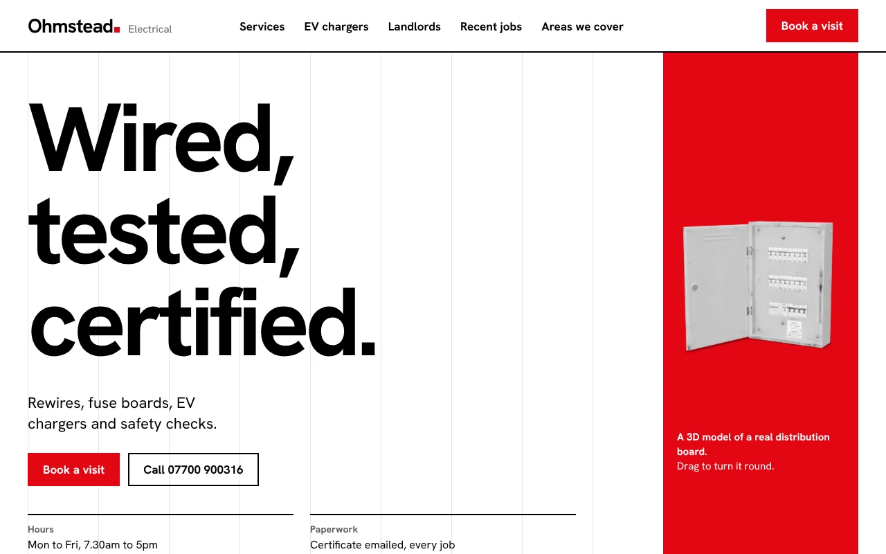 Ohmstead Electrical, an invented electrician: desktop home page in a Swiss grid, with a distribution board in 3D on a red band.
