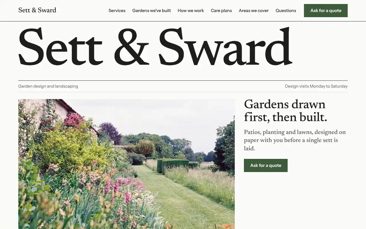 Sett and Sward, an invented landscaper: desktop home page in an editorial layout, with a large photo of a finished garden path.
